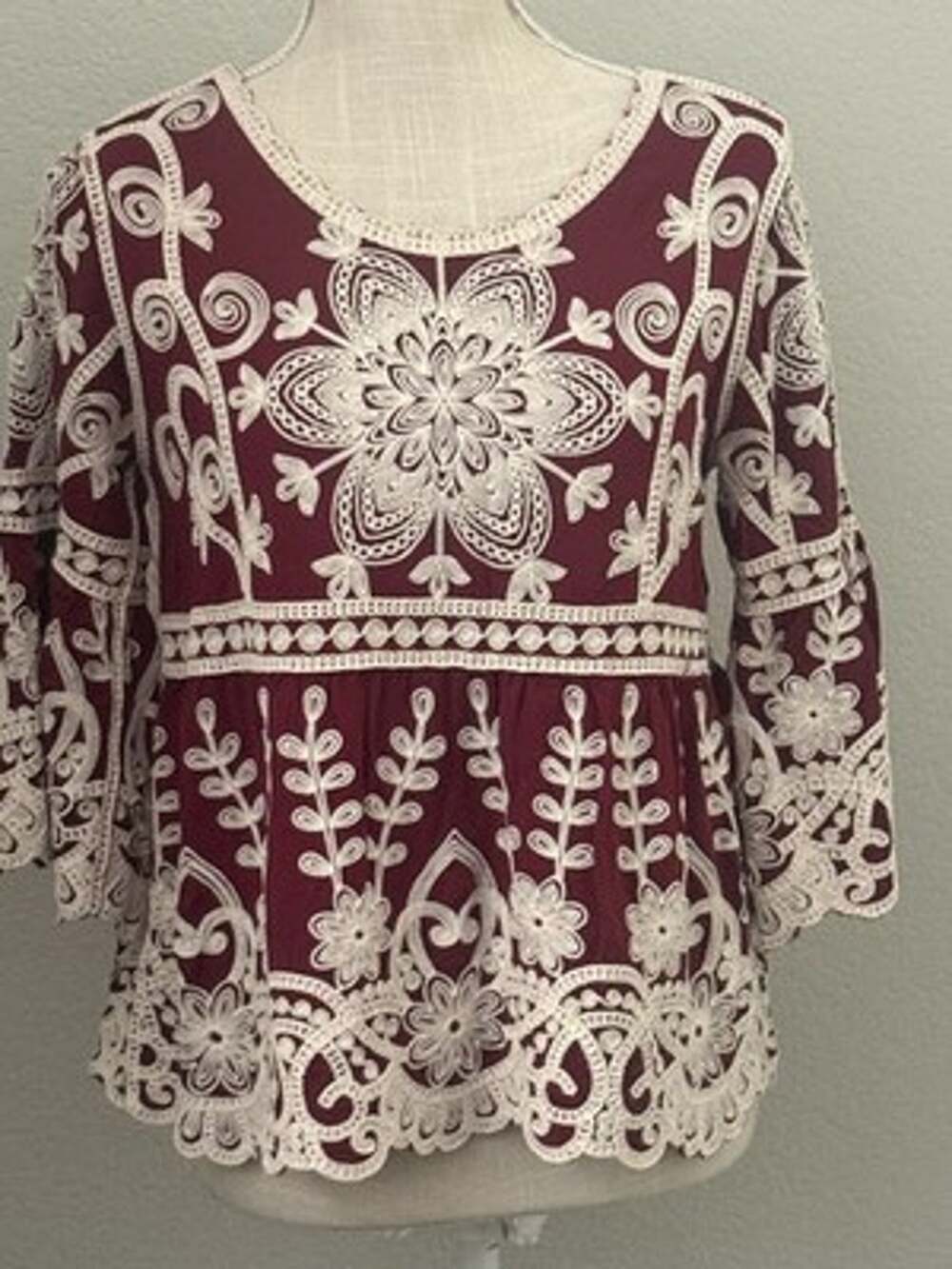 Kindred Womens Burgundy Ivory Floral Embroidered Peplum Top Blouse Elegant - M